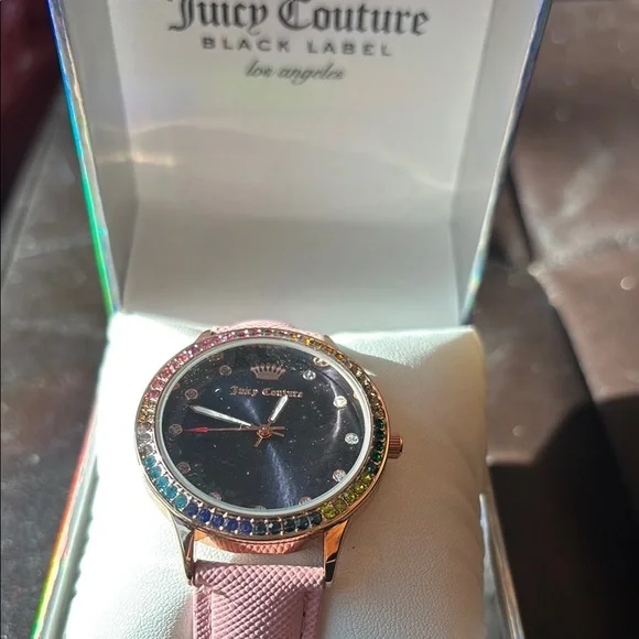Juicy Couture Pink Strap Watch with Crystal Rose Gold & Colorful Gemstone Bezel - Picture 2 of 6